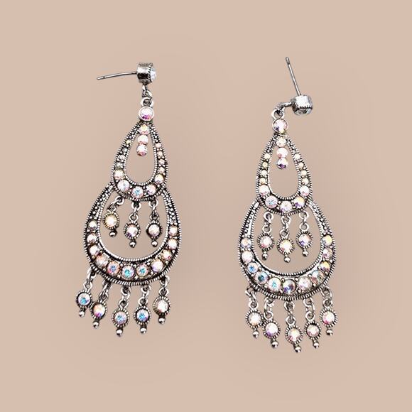 Iridescent Rhinestone Chandelier Earrings – Silver Drop Dangle - Picture 5 of 7